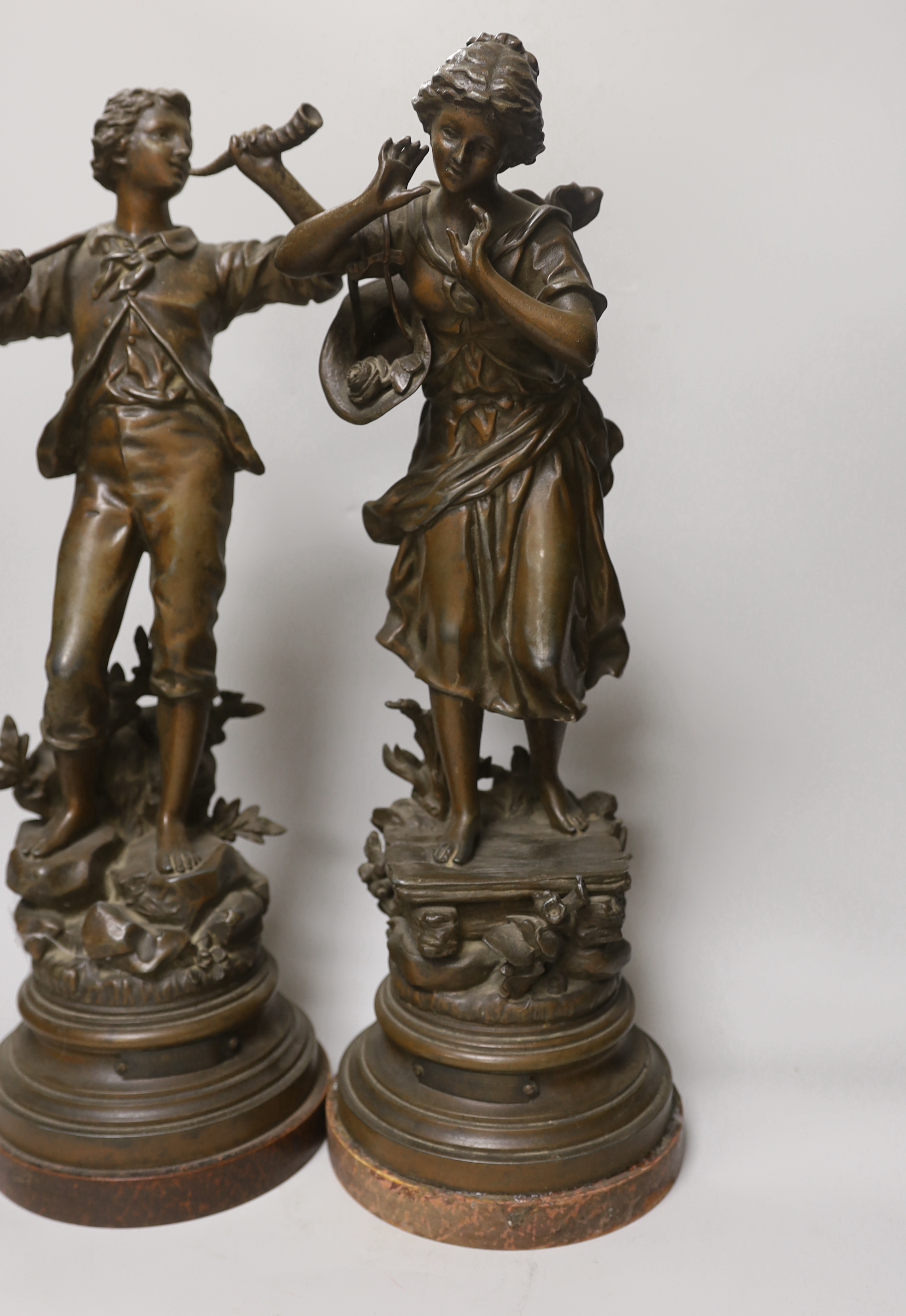 After Ernest Rancoulet (1870-1915). A pair of spelter figurines L’Echo and Le Signal, 50cm
